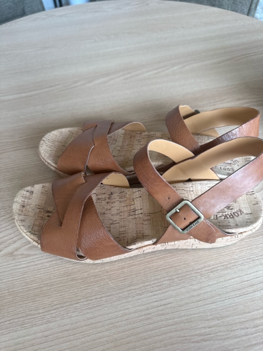 Kork-Ease Women’s Brown Leather Cork Sandals Crisscross Straps Adjustable Buckle
